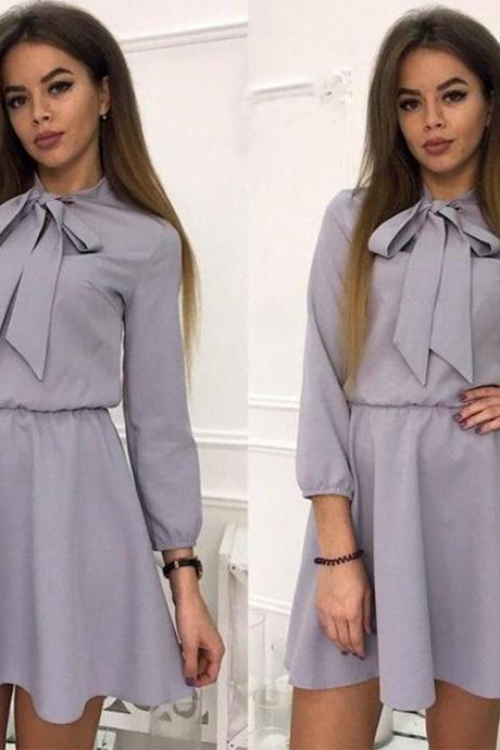 Women Summer Casual Dress 3/4 Sleeve Solid Bow Tie A-Line Mini Club Party Dress gray