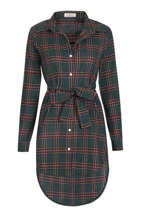 Green Collared Plaid Belted Shirt Dress with Asymmetrical Hem