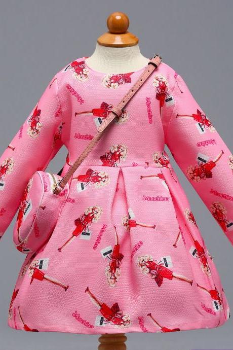 Long Sleeve Girl Party Dress Floral Printed Toddler Kids Children Clothes With Bag2#