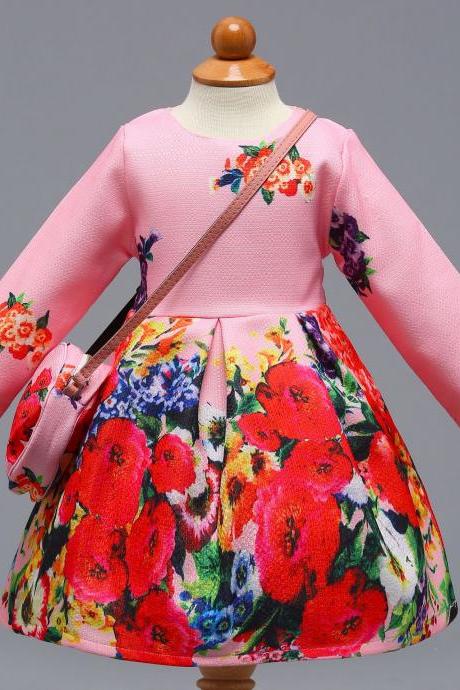 Long Sleeve Girl Party Dress Floral Printed Toddler Kids Children Clothes With Bag3#