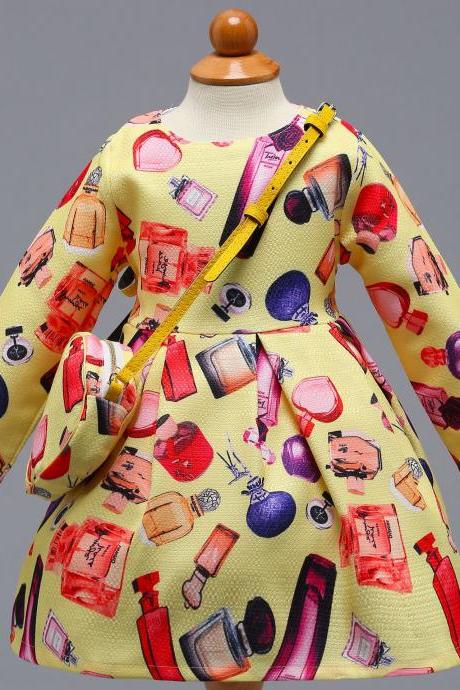 Long Sleeve Girl Party Dress Floral Printed Toddler Kids Children Clothes With Bag4#