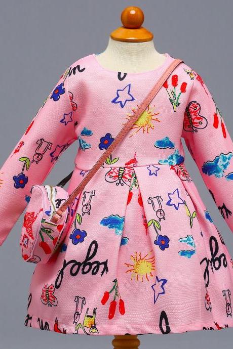 Long Sleeve Girl Party Dress Floral Printed Toddler Kids Children Clothes With Bag6#