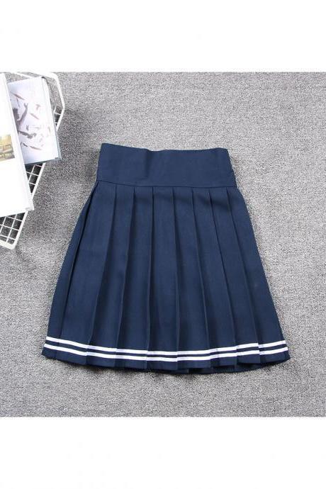 Harajuku Jk Summer Skirt Women High Waist Cosplay Solid Girl Mini Pleated Skirt Navy Blue+off White