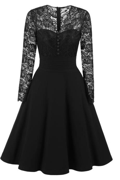 Long Sleeve Floral Lace Dress Vintage Buttons V Neck Women Cocktail Evening Party Swing Dress Black