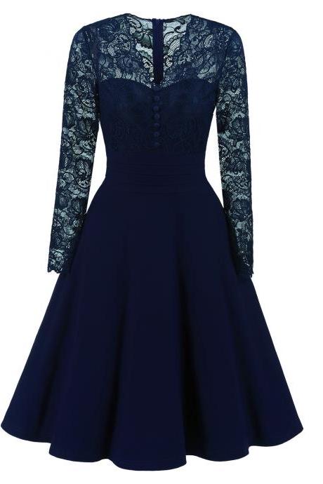 Long Sleeve Floral Lace Dress Vintage Buttons V Neck Women Cocktail Evening Party Swing Dress Navy Blue
