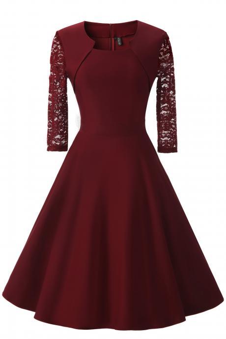 Vintage 50 60s Lace Patchwork Dress Women 3/4 Sleeve Rockabilly Swing Cocktail Prom Party Dress burgundy