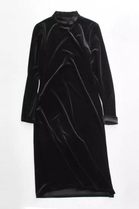Autumn Winter Fashion Midi Pencil Dress Women Turtleneck Long Sleeve Velvet High Neck Sheath Bodycon Dress black