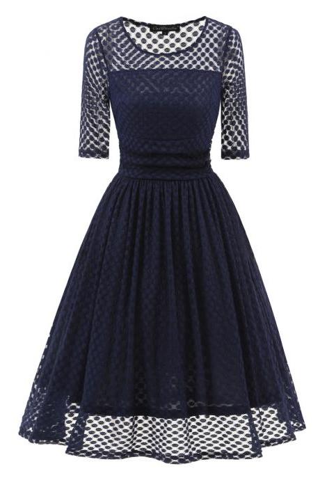 Vintage 50 60s Polka Dot Casual Dress Elegant Half Sleeve Women A Line Swing Cocktail Party Dress navy blue