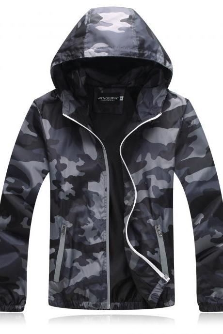Unisex Men Women Coats Casual Hooded Camouflage Jackets Outerwear Waterproof Spring Autumn Windbreaker gray