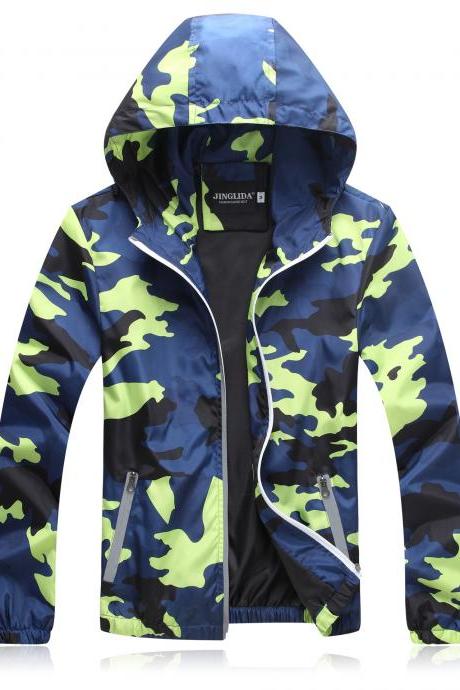 Unisex Men Women Coats Casual Hooded Camouflage Jackets Outerwear Waterproof Spring Autumn Windbreaker green