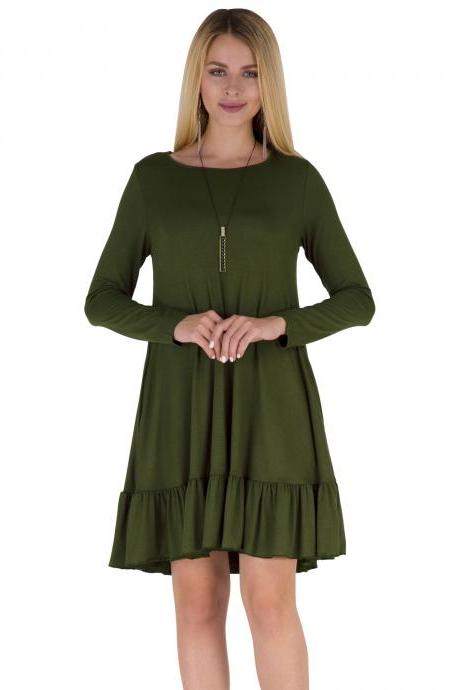 Women Ruffles Casual Dress Autumn Long Sleeve A Line Loose Pocket Female Short Mini Party Dress army green