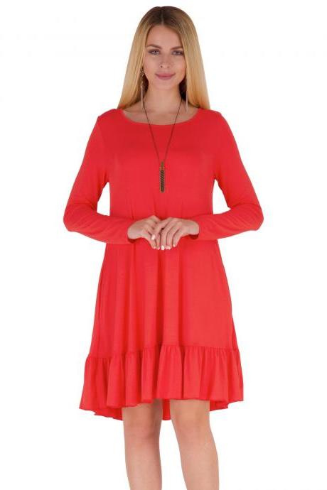 Women Ruffles Casual Dress Autumn Long Sleeve A Line Loose Pocket Female Short Mini Party Dress Red