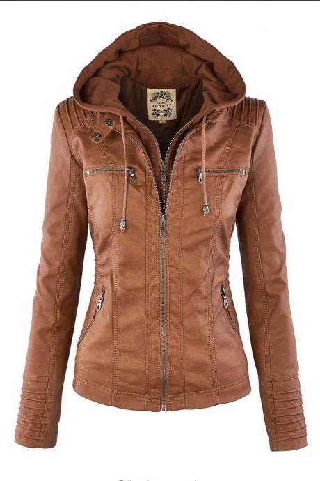 Fashion Spring Autumn Faux Leather Basic Jacket Women Slim Detachable Hooded Coats Motorcycle Jacket Khaki