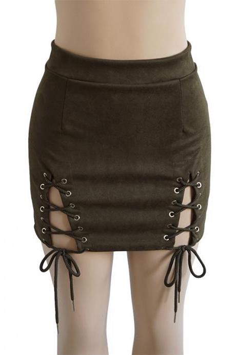 Women Faux Suede Mini Skirt Classic Sexy Bandage High Waist Lace Up Bodycon Short Pencil Skirt army green