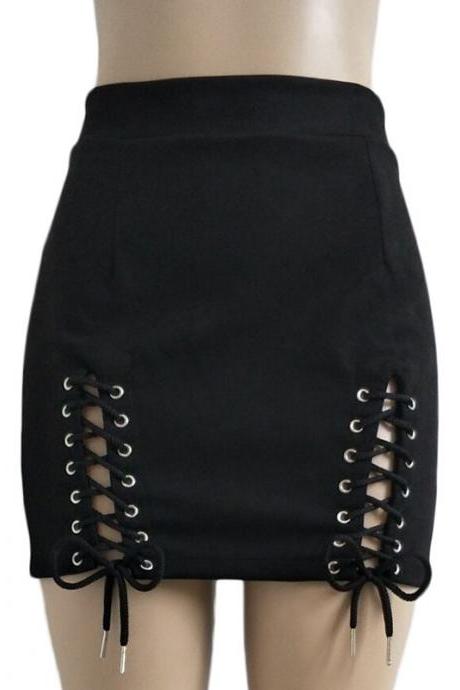  Women Faux Suede Mini Skirt Classic Sexy Bandage High Waist Lace Up Bodycon Short Pencil Skirt black