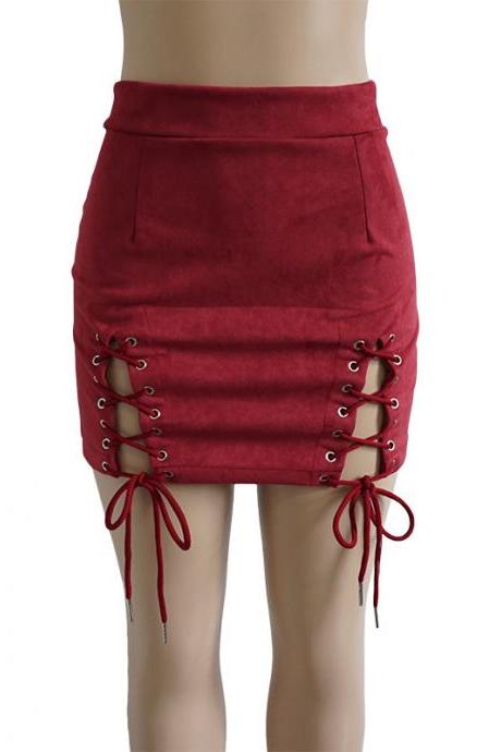 Women Faux Suede Mini Skirt Classic Sexy Bandage High Waist Lace Up Bodycon Short Pencil Skirt burgundy