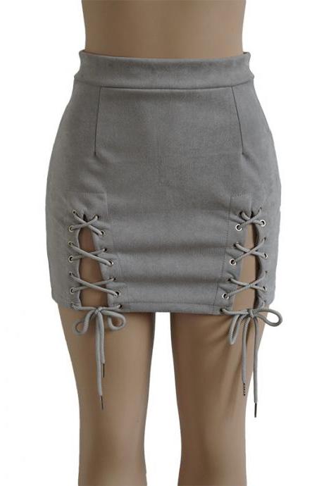 Women Faux Suede Mini Skirt Classic Sexy Bandage High Waist Lace Up Bodycon Short Pencil Skirt gray