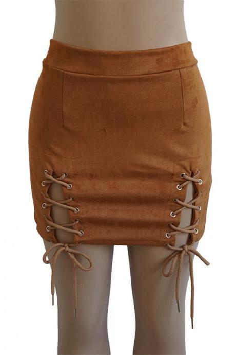  Women Faux Suede Mini Skirt Classic Sexy Bandage High Waist Lace Up Bodycon Short Pencil Skirt khaki