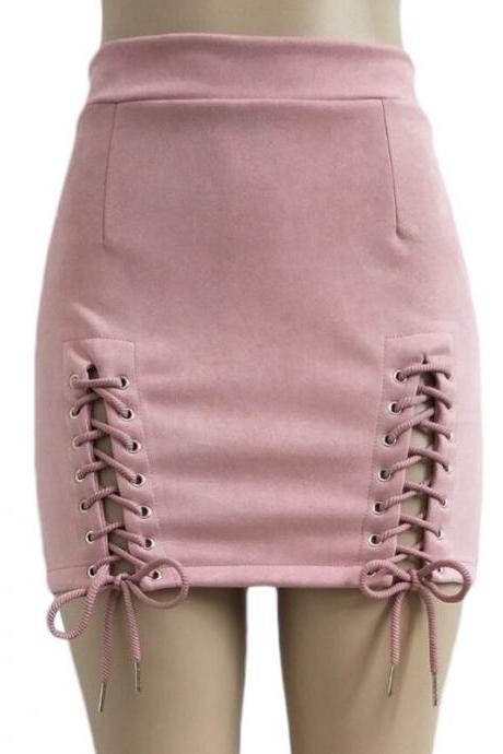 Women Faux Suede Mini Skirt Classic Sexy Bandage High Waist Lace Up Bodycon Short Pencil Skirt pink
