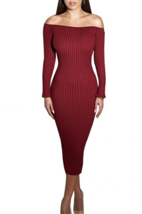 Fashion Long Sleeve Off Shoulder Women Dress Slash Neck Slim Bodycon Knitted Sweater Party Night Sexy Club Dress red