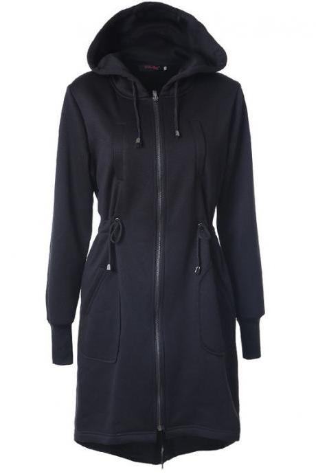 Women Hoodies Overcoat Autumn Winter Warm Fleece Coat Zip Up Outerwear Hooded Long Sweatshirt Jacket Black