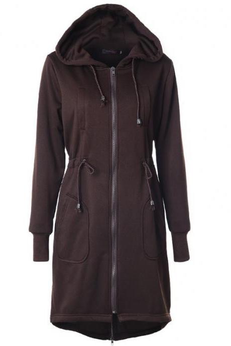 Women Hoodies Overcoat Autumn Winter Warm Fleece Coat Zip Up Outerwear Hooded Long Sweatshirt Jacket coffee