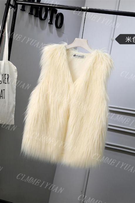 Women Faux Fur Vest Solid Winter Loose Oversize Female Sleeveless Jacket Waistcoat cream 