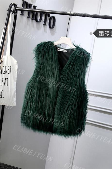 Women Faux Fur Vest Solid Winter Loose Oversize Female Sleeveless Jacket Waistcoat hunter green