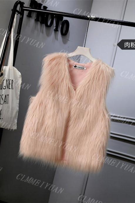 Women Faux Fur Vest Solid Winter Loose Oversize Female Sleeveless Jacket Waistcoat light pink