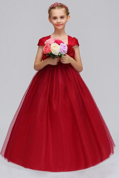  Princess Flower Girl Dress Cap Sleeve Long Formal Dance Party Tutu Gowns Children Clothes purplish red