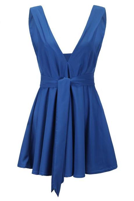 Women Summer Casual Dress Deep V Neck Sleeveless High Waist Belted Sexy Mini Club Party Dress Royal Blue