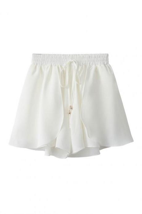  New Chiffon Wide Leg Shorts Drawstring High Waist Summer Solid Casual Loose Shorts off white