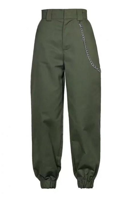  Women Harem Pants Streetwear High Waist Casual Dance Sweatpants Chain Zipper Cargo Trousers army green