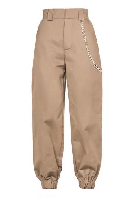 Women Harem Pants Streetwear High Waist Casual Dance Sweatpants Chain Zipper Cargo Trousers khaki