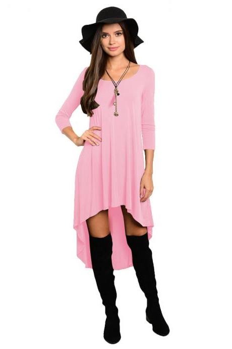 Comfortable Summer Casual Loose Dress Women Solid Long Sleeve O-Neck Asymmetrical Plus Size Dress pink