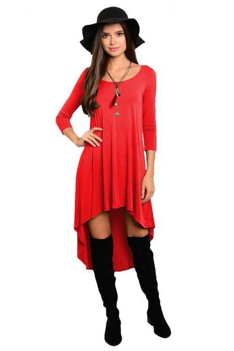 Comfortable Summer Casual Loose Dress Women Solid Long Sleeve O-Neck Asymmetrical Plus Size Dress red