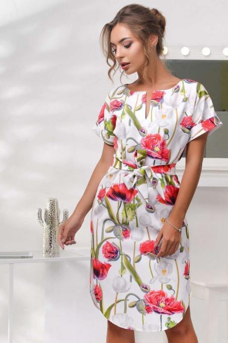  Women Floral Printed Dress O-Neck Side Split Short Sleeve Casual Summer Party Dress red