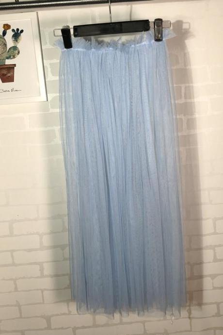  Summer Style Sheer Tulle Skirts A Line Tea Length High Waist Sexy Women See Through Skirt baby blue