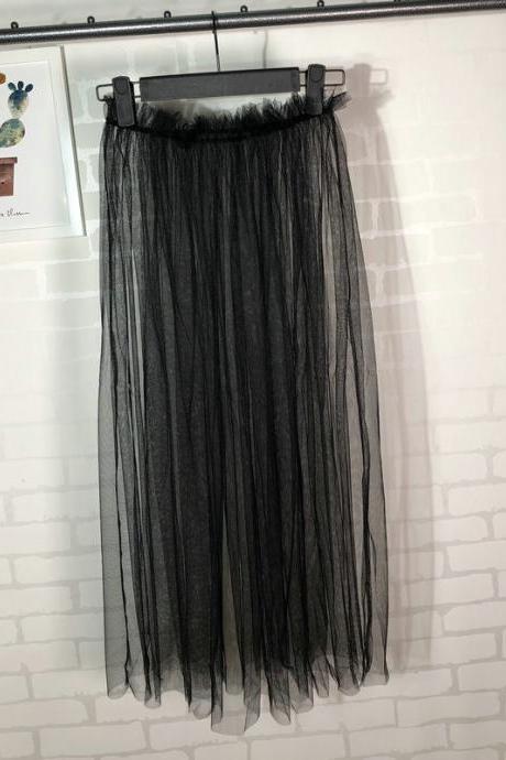 Summer Style Sheer Tulle Skirts A Line Tea Length High Waist Sexy Women See Through Skirt black