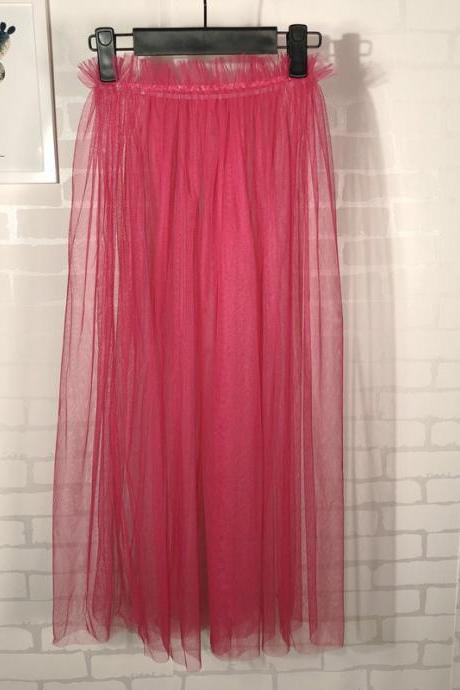 Summer Style Sheer Tulle Skirts A Line Tea Length High Waist Sexy Women See Through Skirt Hot Pink