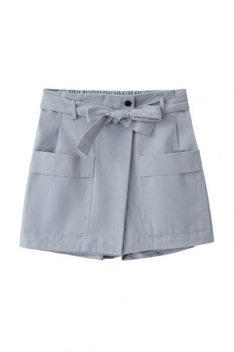Women High Waist Shorts Women Belted Beach Summer Loose Streetwear Wide Leg Shorts gray