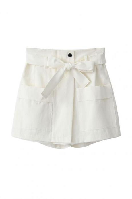 White High Rise Shorts Featuring Bow Accent Tie Belt And Pockets