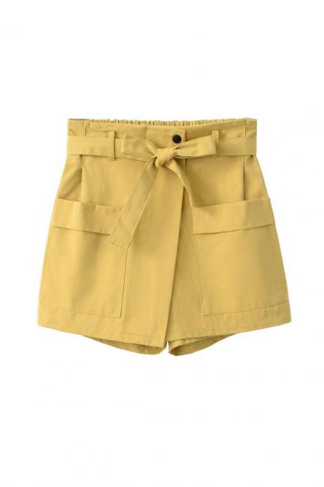Women High Waist Shorts Women Belted Beach Summer Loose Streetwear Wide Leg Shorts Yellow