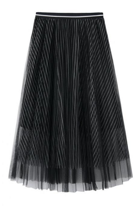 New Summer High Waist Midi A Line Skirt Women Striped Tulle Pleated Skirt black