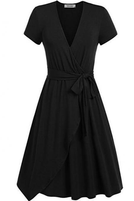 Women Summer Casual Dress V Neck Short Sleeve Belted A-line Wrap Midi Party Dress Black