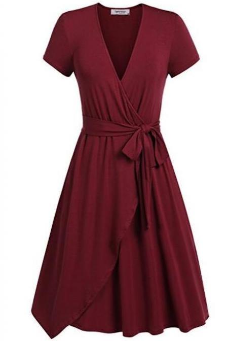Women Summer Casual Dress V Neck Short Sleeve Belted A-line Wrap Midi Party Dress Burgundy