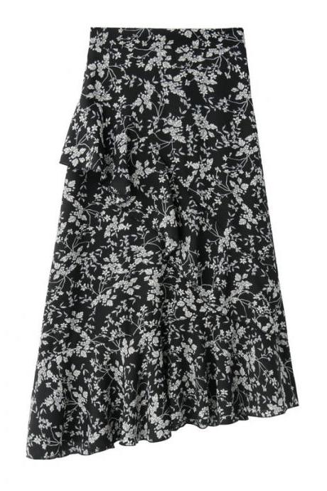 Women Floral Printed Mermaid Skirt High Waist Ruffles Asymmetrical Fishtail Midi Skirt black