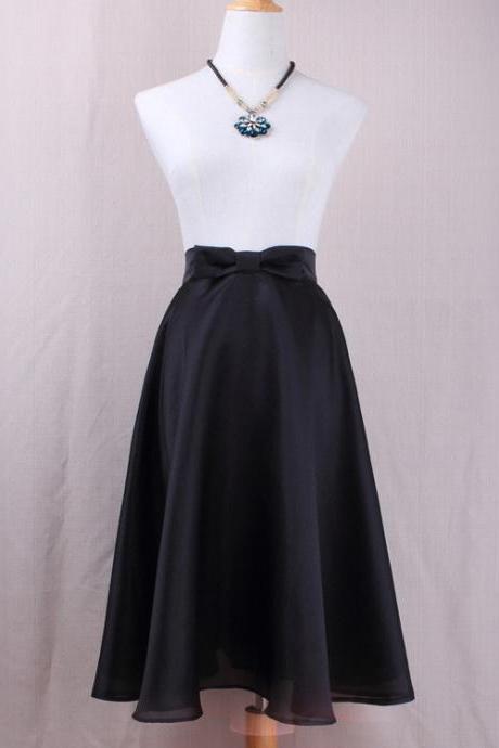 Fashion Bow High Waist A-line Midi Skirt Women Solid Work Swing Skater Skirt Black