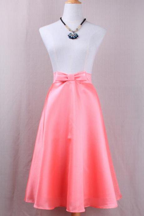 Fashion Bow High Waist A-line Midi Skirt Women Solid Work Swing Skater Skirt Pink