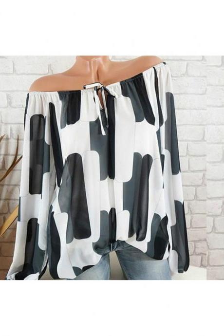  Off the Shoulder Chiffon Shirt Long Sleeve Casual Women Loose Blouse Summer Tops off white